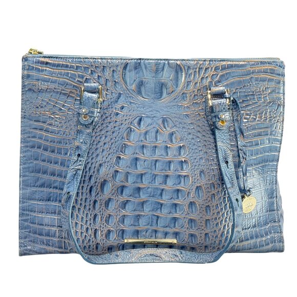 Brahmin Embossed Crocodile Blue Leather Women's Shoulder Bag With Gold Accents - Picture 7 of 12